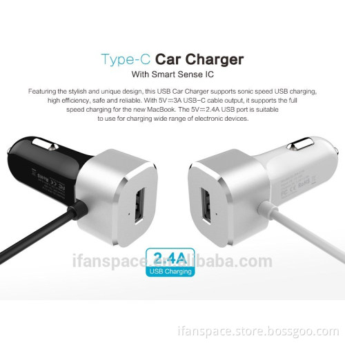 Car charger, single USB car charger with type C cable for iPhone 6s plus ,6s,5SE 5S,5C, Samsung